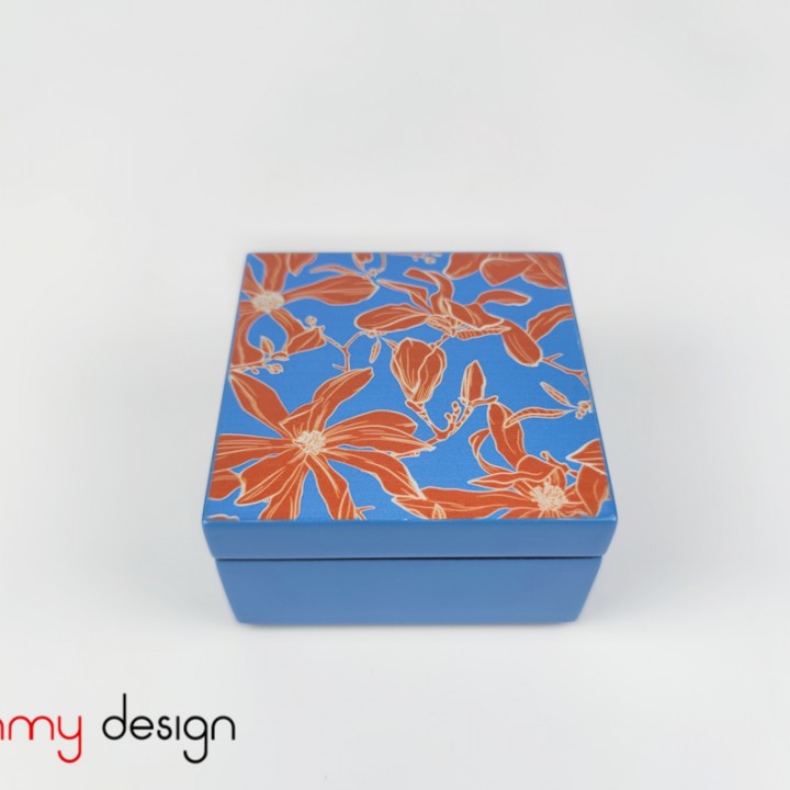 Blue square lacquer box with red orchid pattern 9*H5 cm 